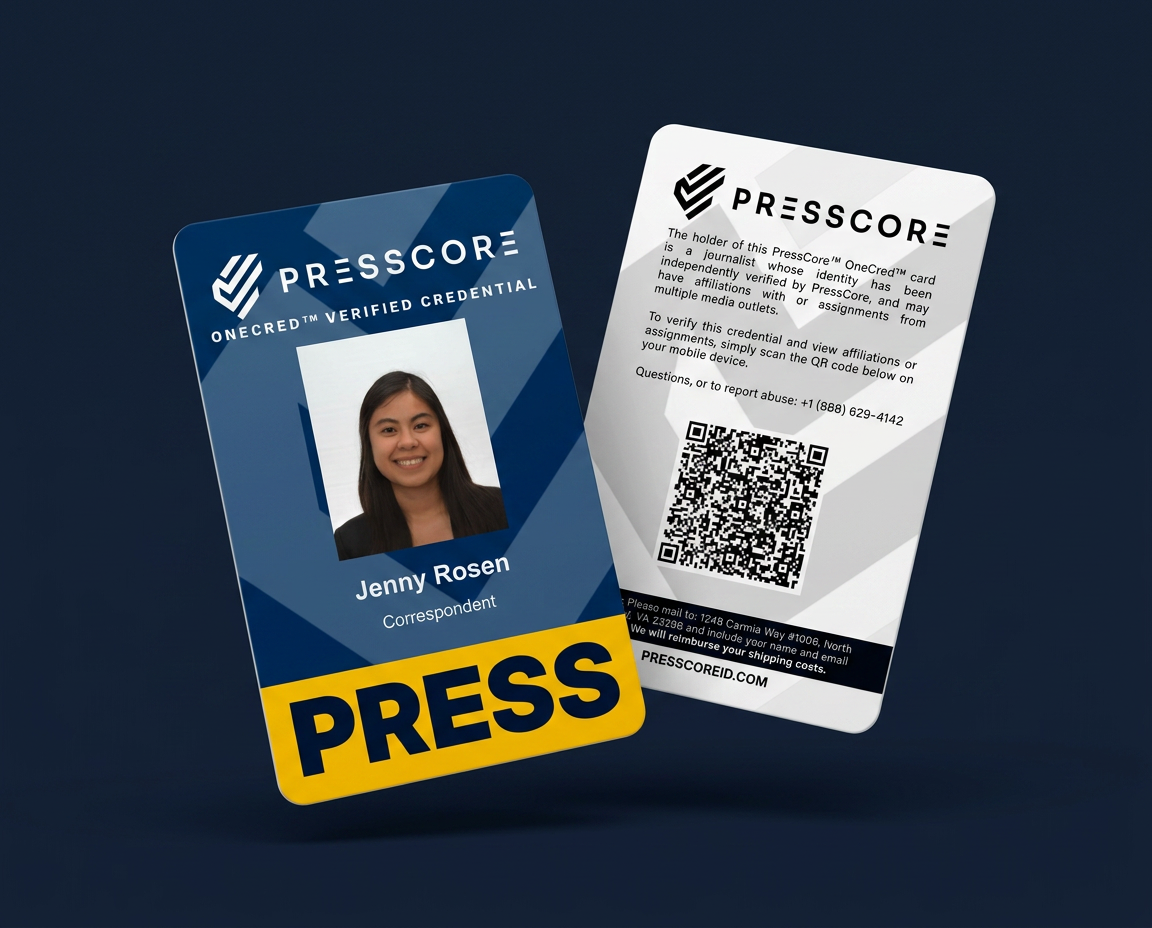 A PressCore OneCred card mockup showing front and back